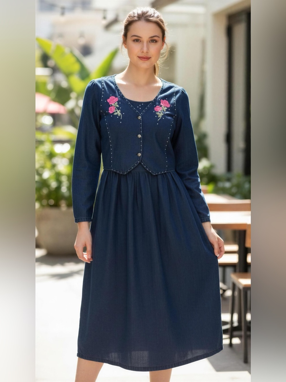 Vintage Pado Denim Dress with Embroidered Roses